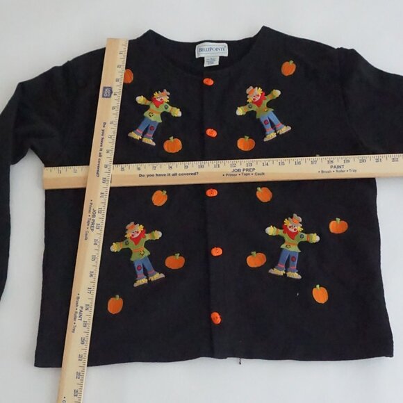 Vintage BellePointe Black Pumpkin Scarecrow Cotton Halloween Holiday Cardigan L - Picture 3 of 11
